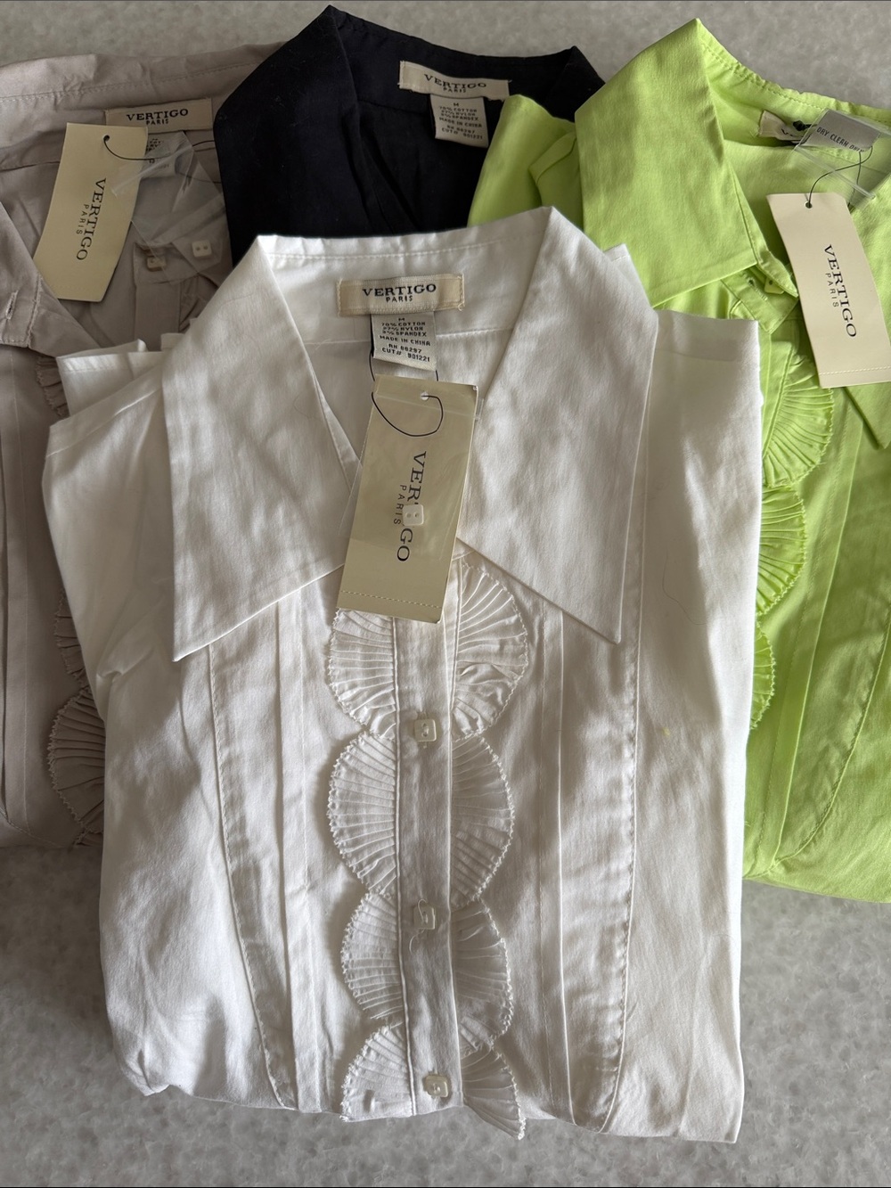 Vertigo Paris White Black Citrus Peyote Scallop-Trim Button Shirts (4) M